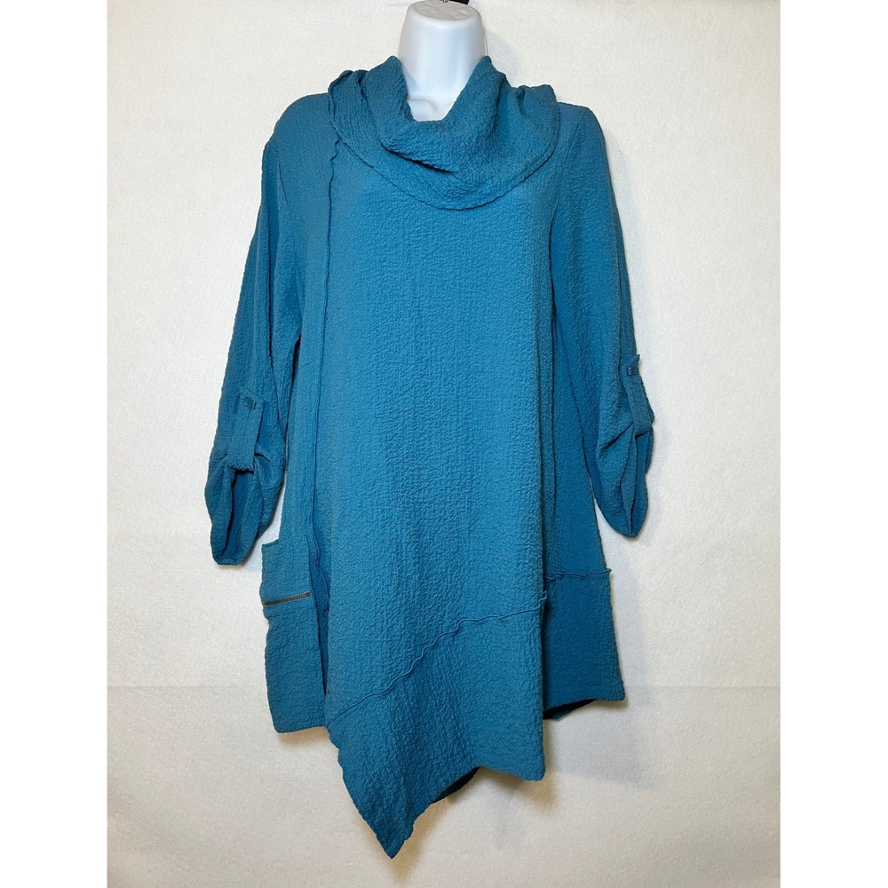 Ali Miles Teal Crinkle Cowl Neck Ren Faire Whimsy Asymmetrical Tunic Women S